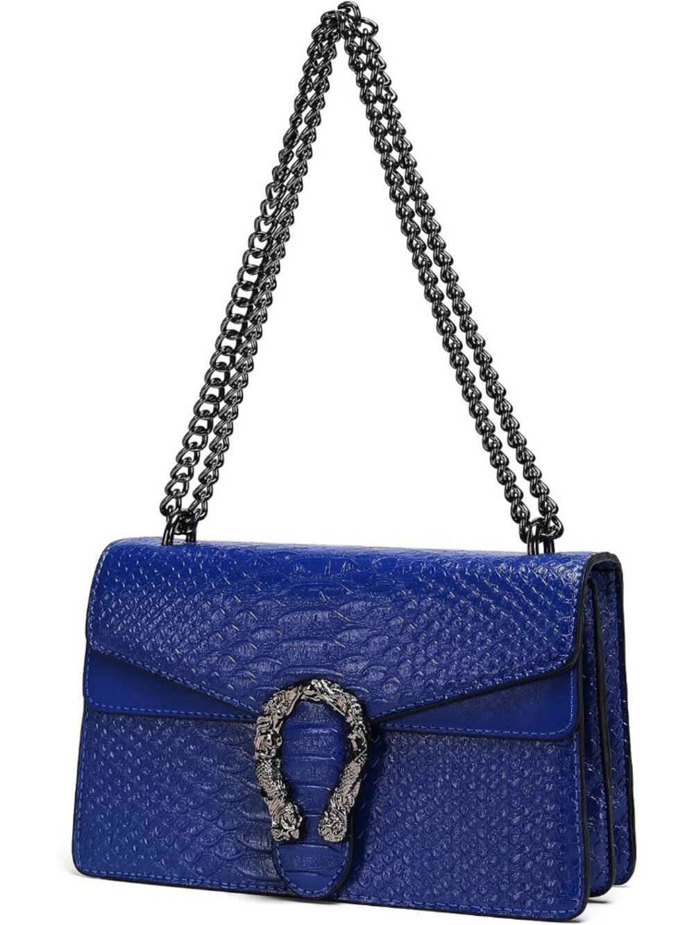 Women's A Blue Leather Snake Print Vintage Purse Chain Crossbody Bag